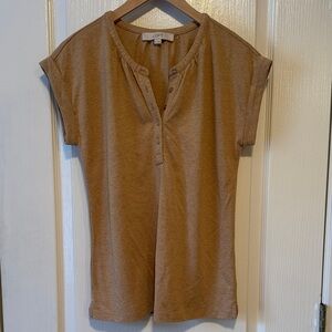 LOFT Women's Short Cuffed Sleeve Tan Henley Style Shirt